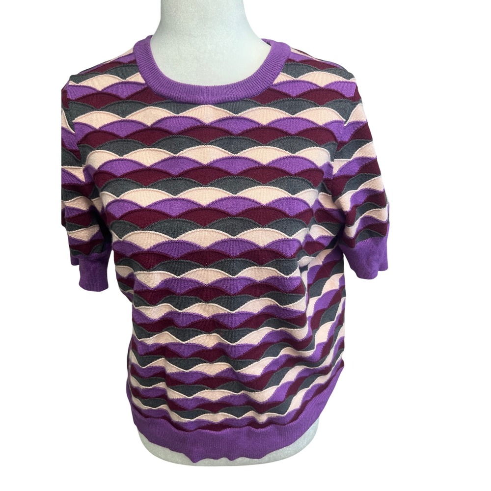Liz Claiborne Sweater Womens Sz L Short Sleeve Knit Scallop Wave Purple Retro